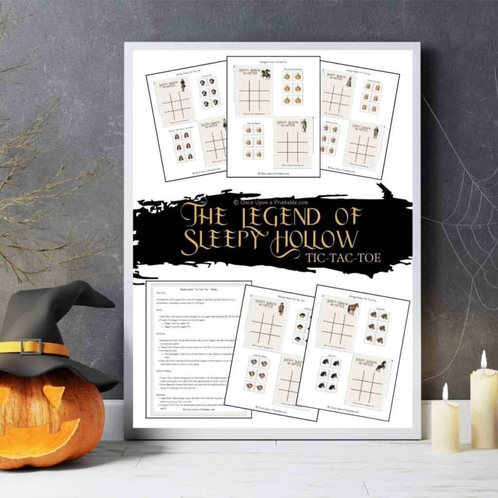 The legend of sleepy hollow tic tac toe cover page displayed in a frame with a jackolantern, candles, and a lantern.