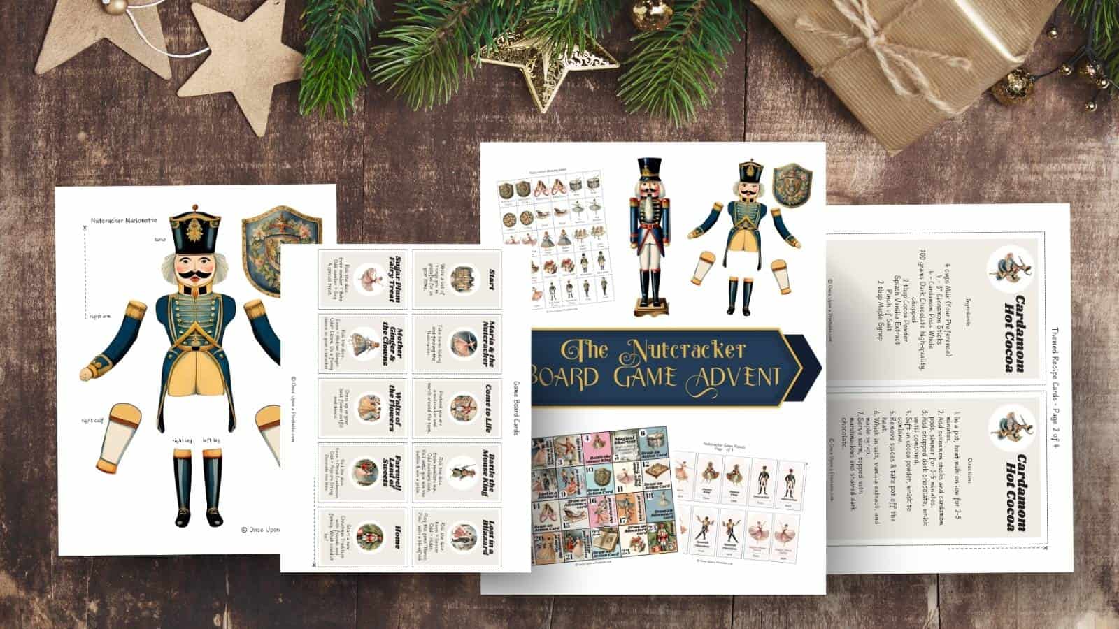 The Nutcracker advent board game unit study pages printed with beautiful vintage-style graphics of Nutcracker characters displayed on a wooden table with green garland and presents.