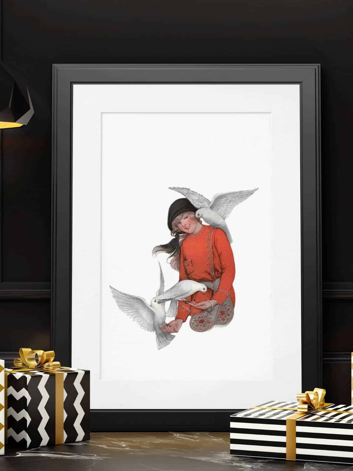 A girl in a red wool jacket feeding doves, an illustration by Sarah Stilwell Weber in a black frame next to Christmas presents.