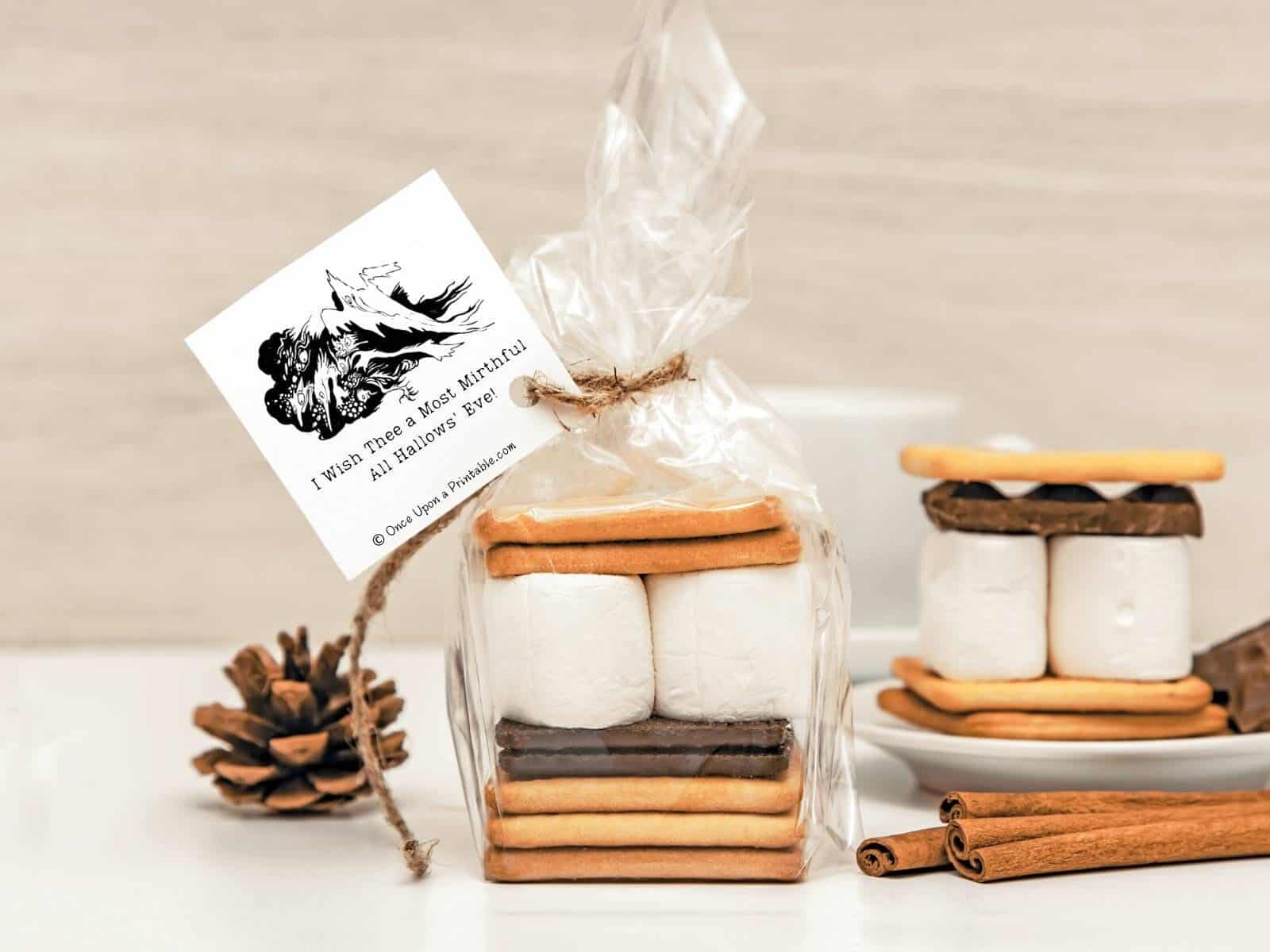 Sleepy Hollow illustrated Halloween goodie bag tag on top of a smore kit.