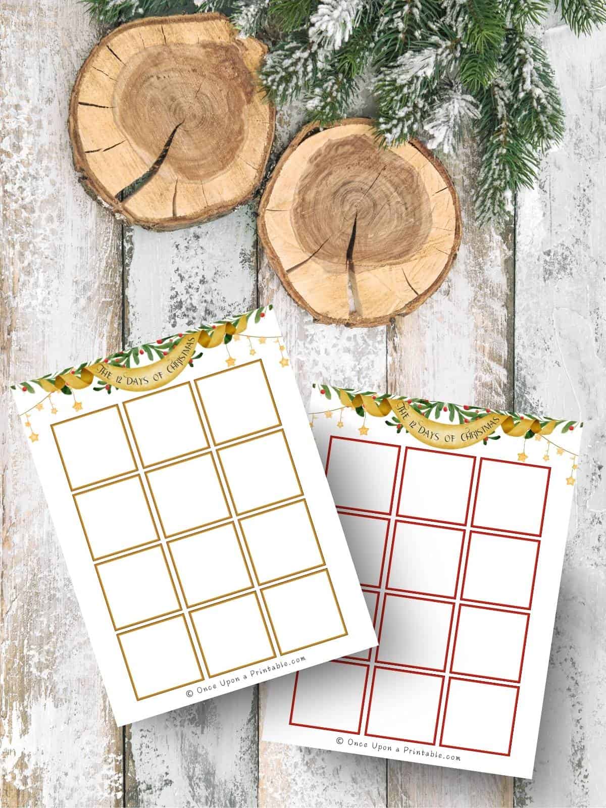 The 12 days of christmas two versions, one pastel and one bright colored graphics, a frame to paste the cut outs on displayed on a white washed wooden background with two wood rounds and garland.