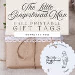A black and white illustration from the book The little Gingerbread Man as a gift tag attached to a brown paper package with lace and a sprig of evergreen.