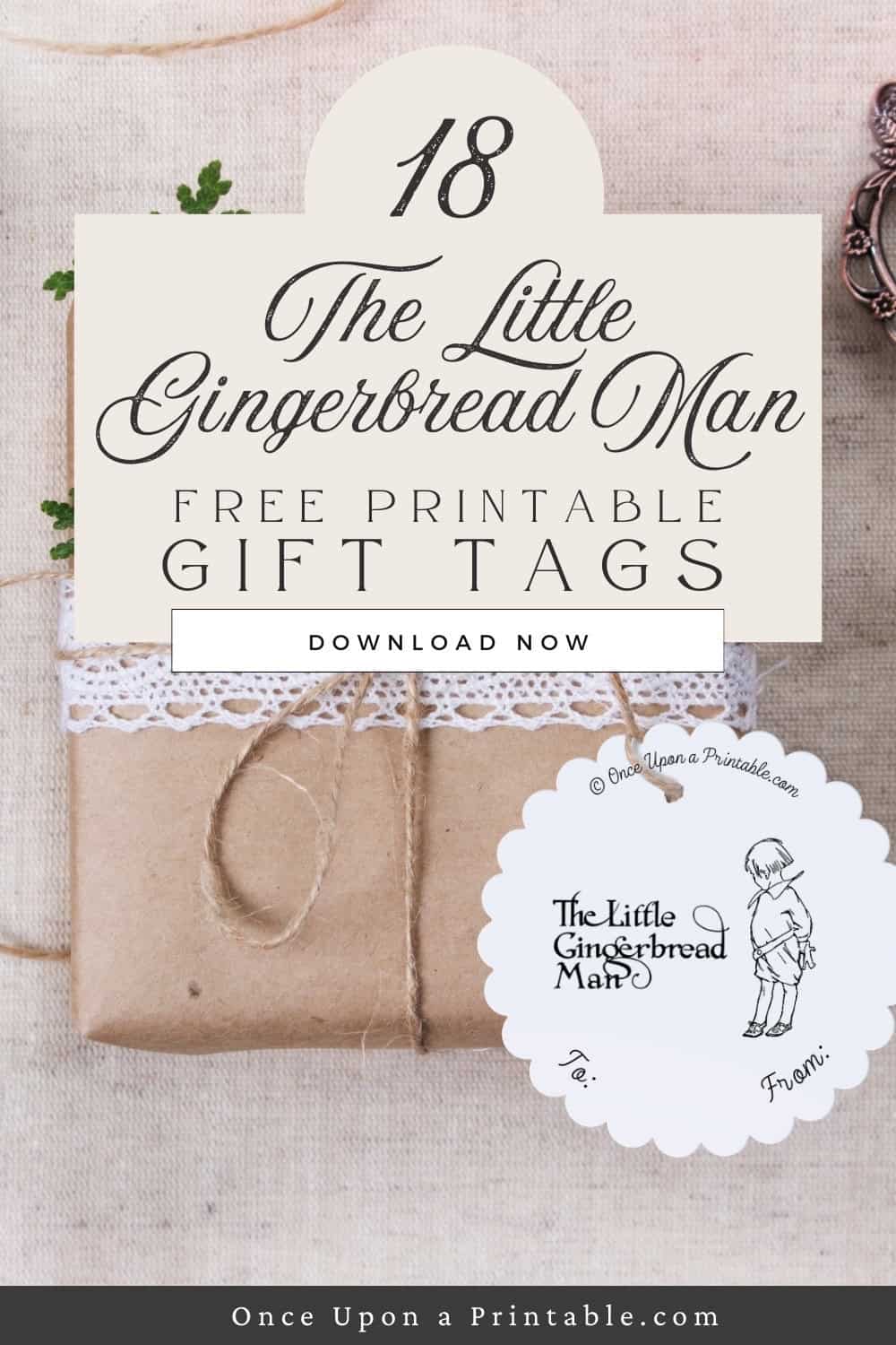 A black and white illustration from the book The little Gingerbread Man as a gift tag attached to a brown paper package with lace and a sprig of evergreen.