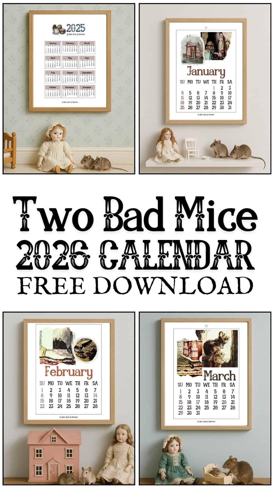 Two bad mice illustrated 2025 calendar in a frame displayed next to a vase with daffodils in it.