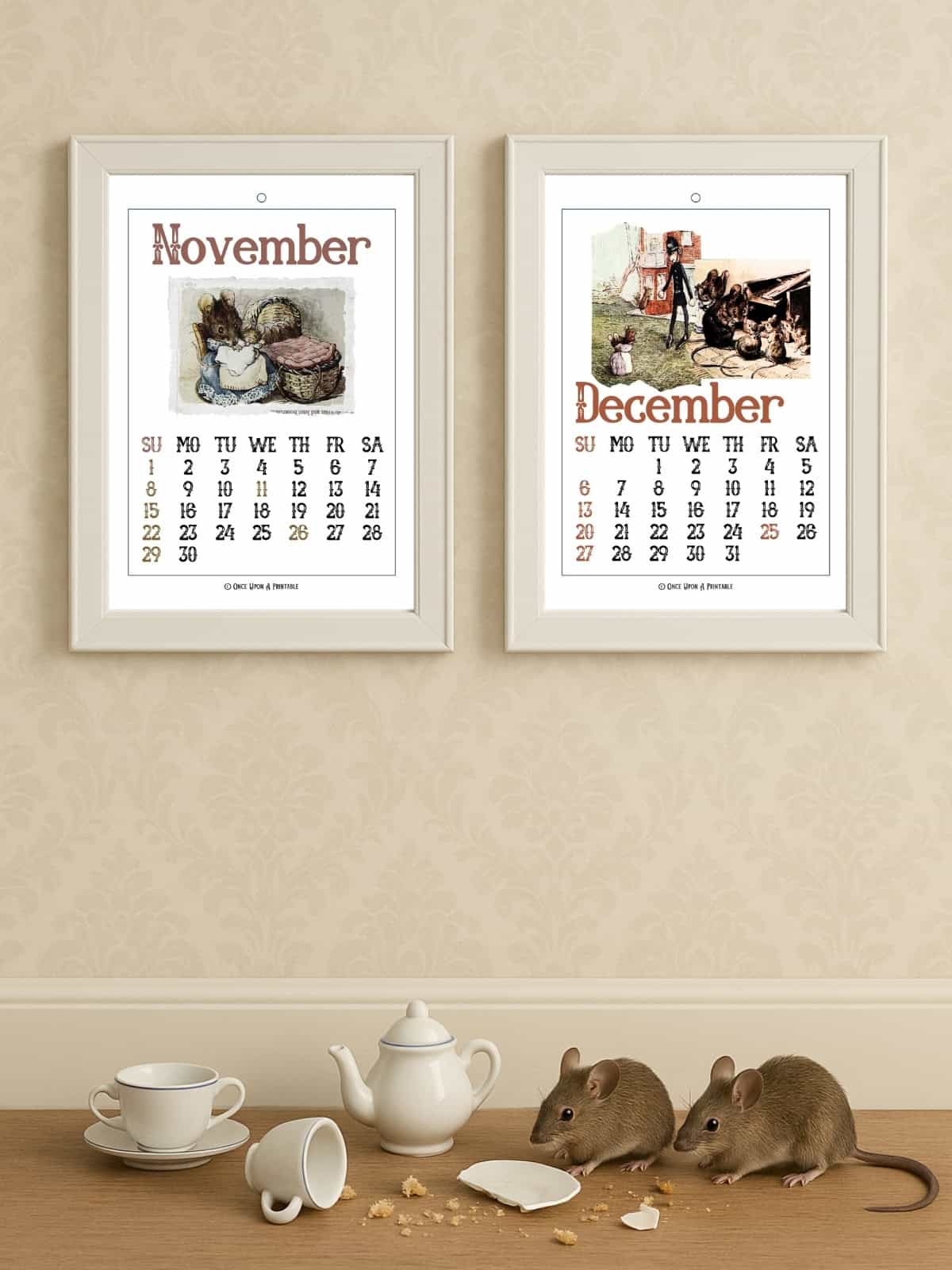 A "tell of two bad mice" illustrated calendar framed and sitting on a floor pillow next to a wooden side table and a macrame wall art. 