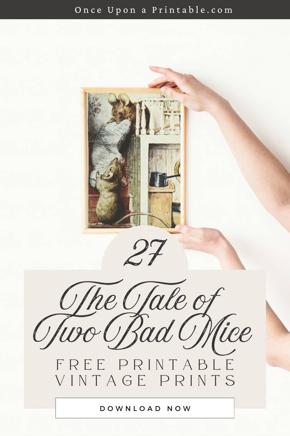 The tale of two bad mice illustration framed and held up by two female hands.