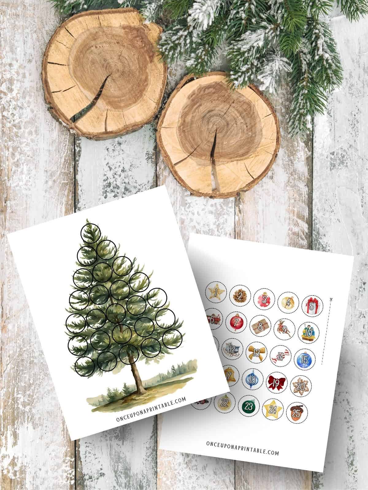 Easy to decorate watercolor Christmas tree countdown calendar for toddlers and kindergarteners.