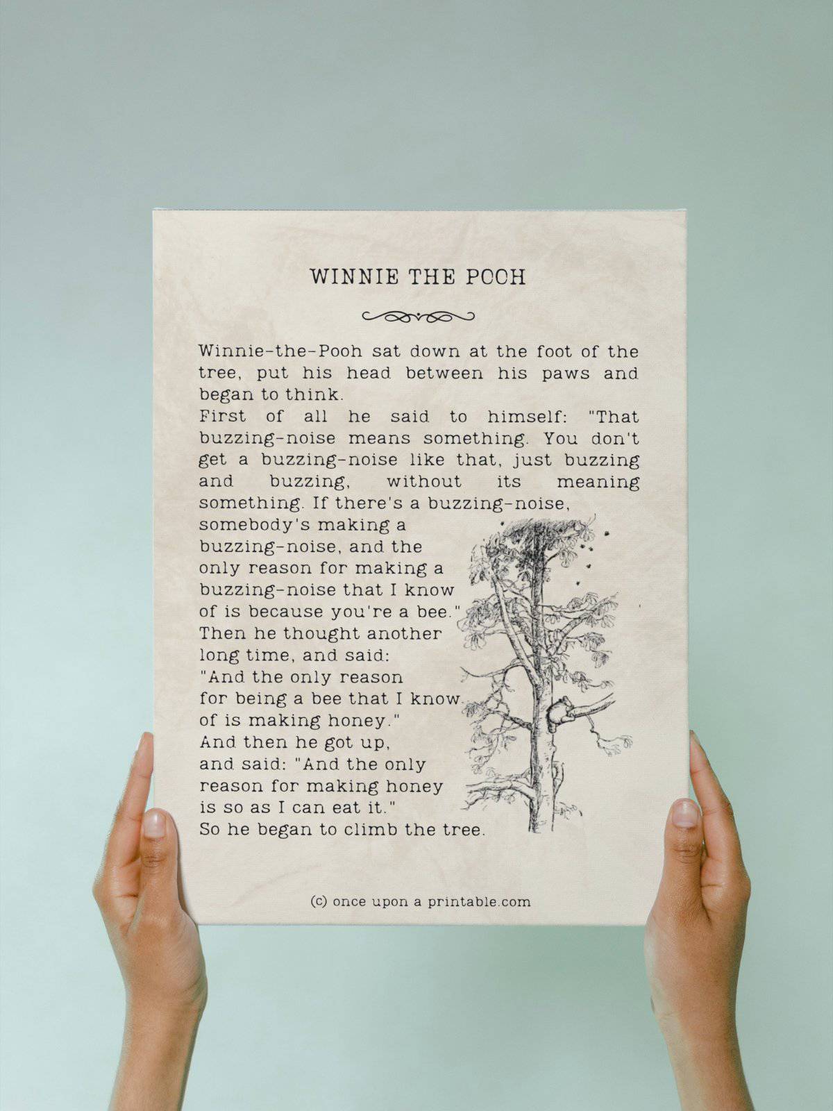 Framed quote from the book Winnie the Pooh with original illustration by E. H. Shepard being held by two woman's hands.