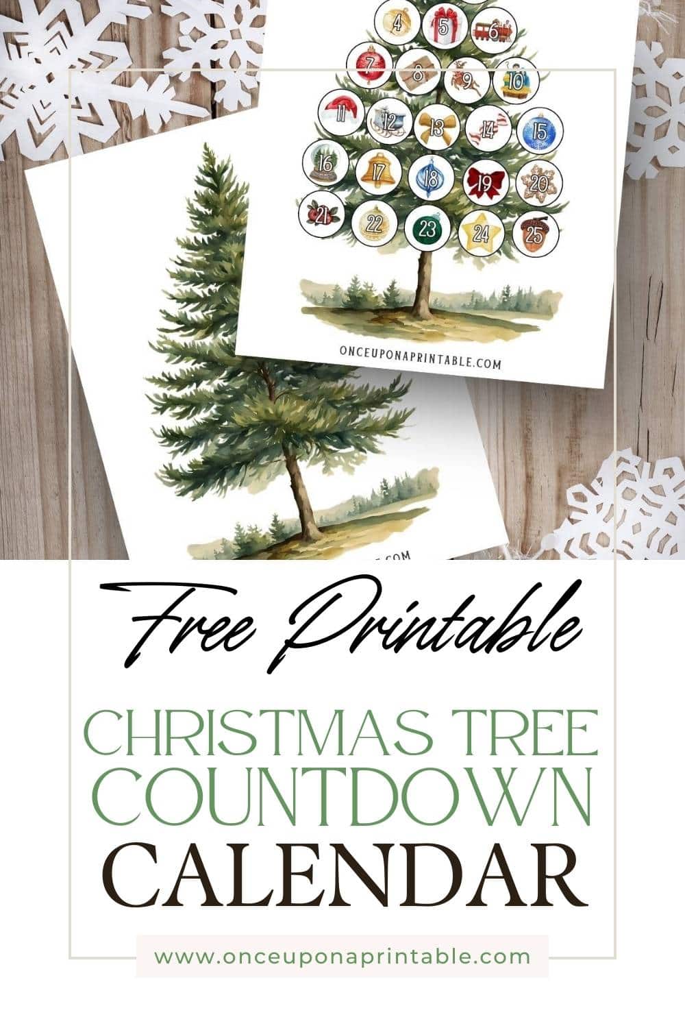 Watercolor illustrated Christmas tree countdown calendar and ornaments.