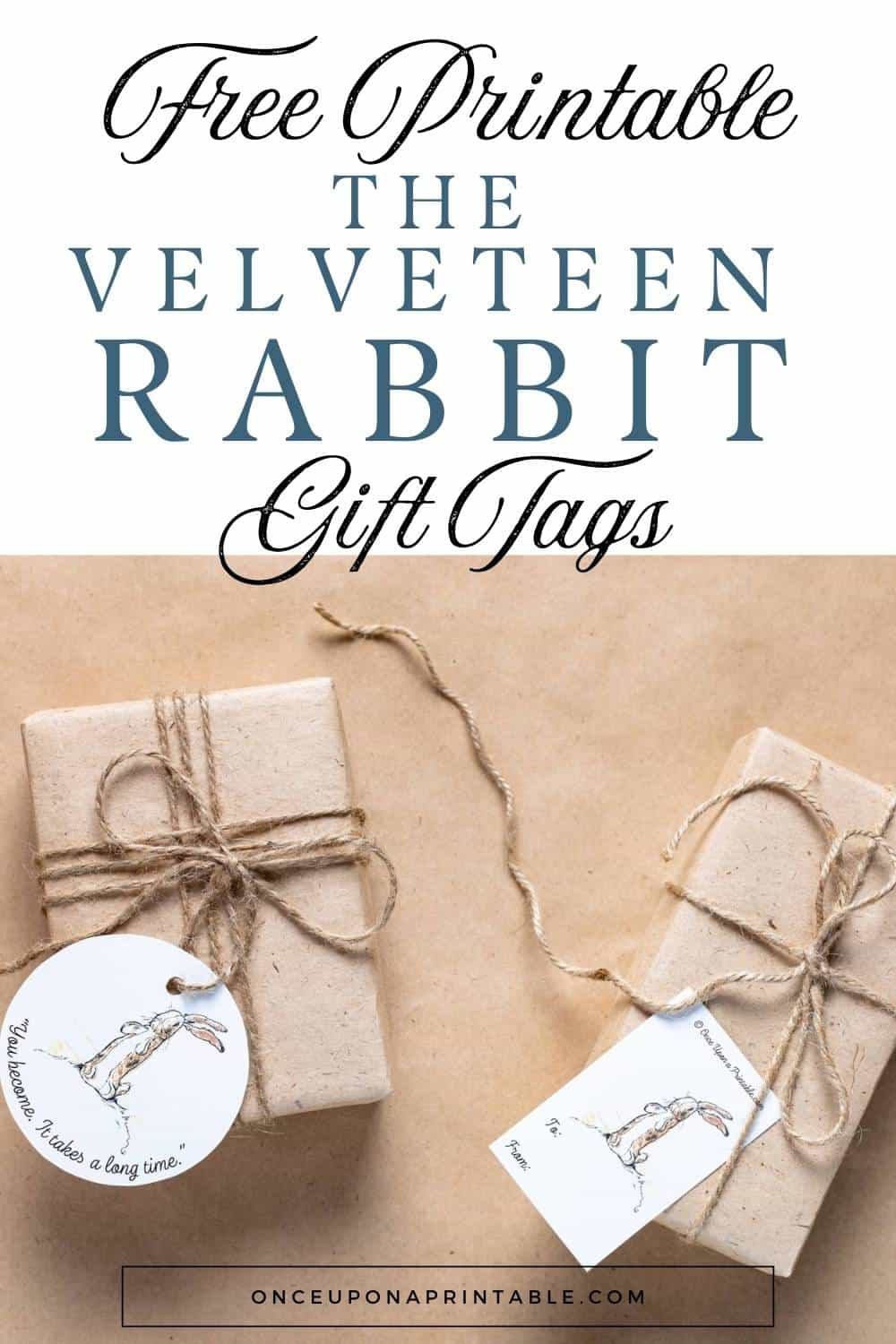 Two different styles of Velveteen Rabbit illustrated gift tags on brown paper packages tied up with twine.
