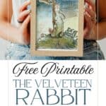 A vintage illustration of the Velveteen Rabbit in full color framed and being held in a woman's hands that is wearring coveralls and a white t shirt.