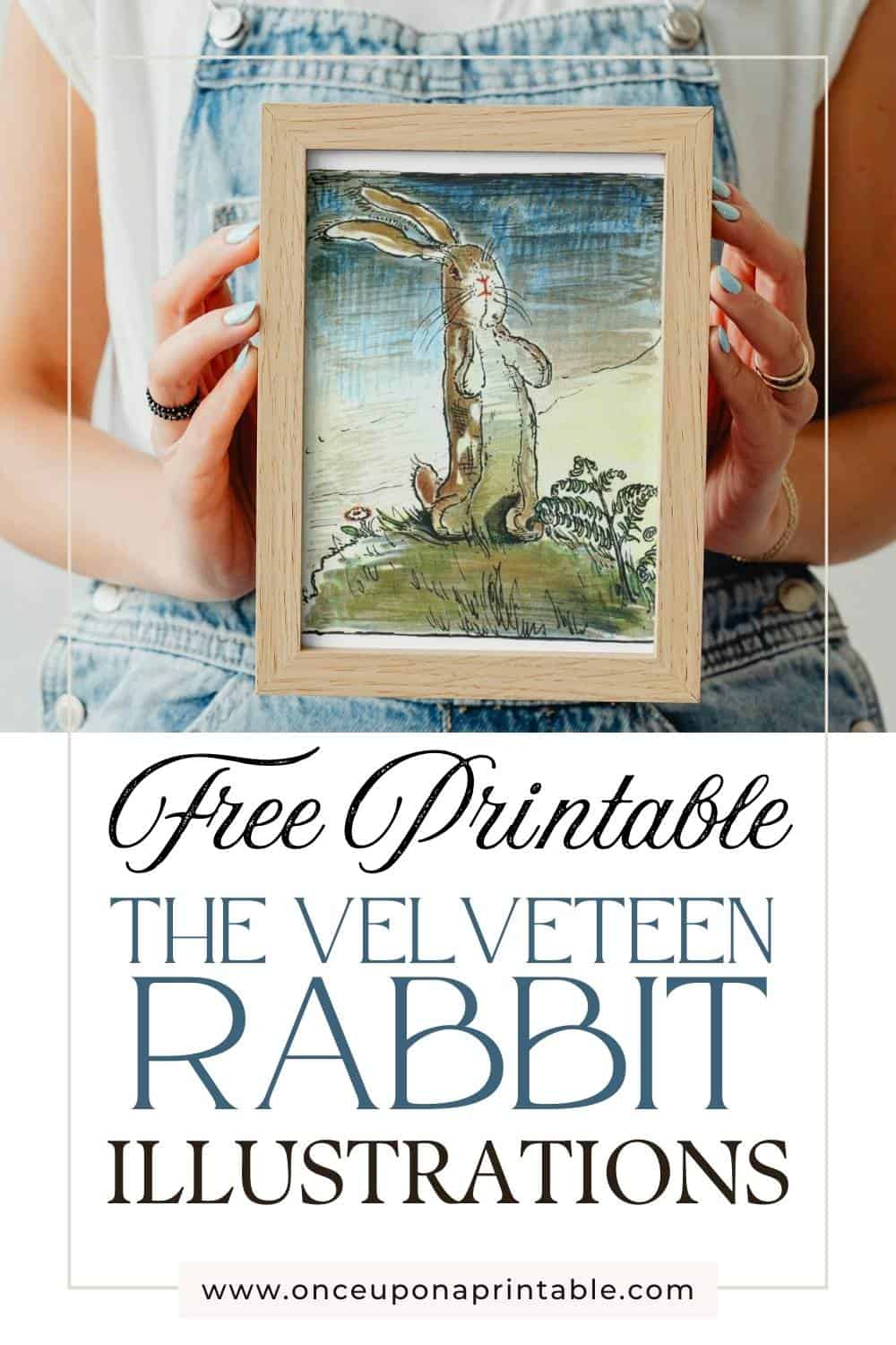 A vintage illustration of the Velveteen Rabbit in full color framed and being held in a woman's hands that is wearring coveralls and a white t shirt.