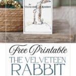 The Velveteen rabbit original illustration on a note card sitting on a wooden bench next to a bed and basket.