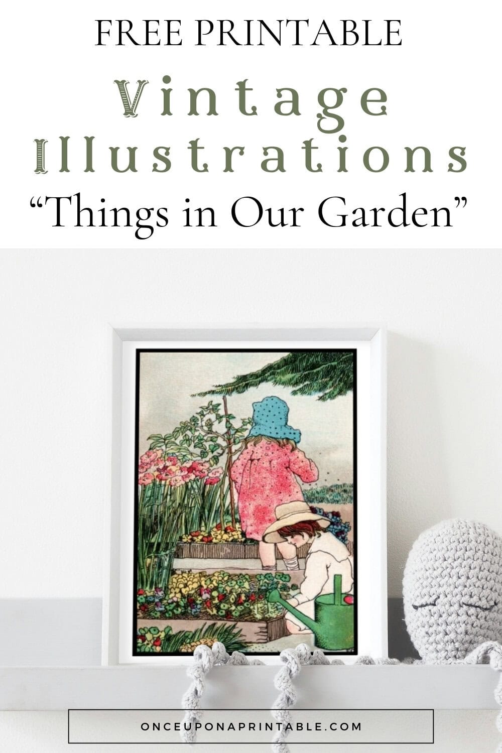 Things in our garden illustration of two children playing in a garden framed and displayed on a shelf in a children's room.