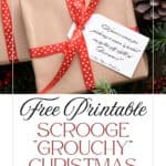 A grouchy sentiment from Ebenezer Scrooge in an old fashioned script on a white gift tag, displayed on a brown paper package tied up with red polka dot ribbon.
