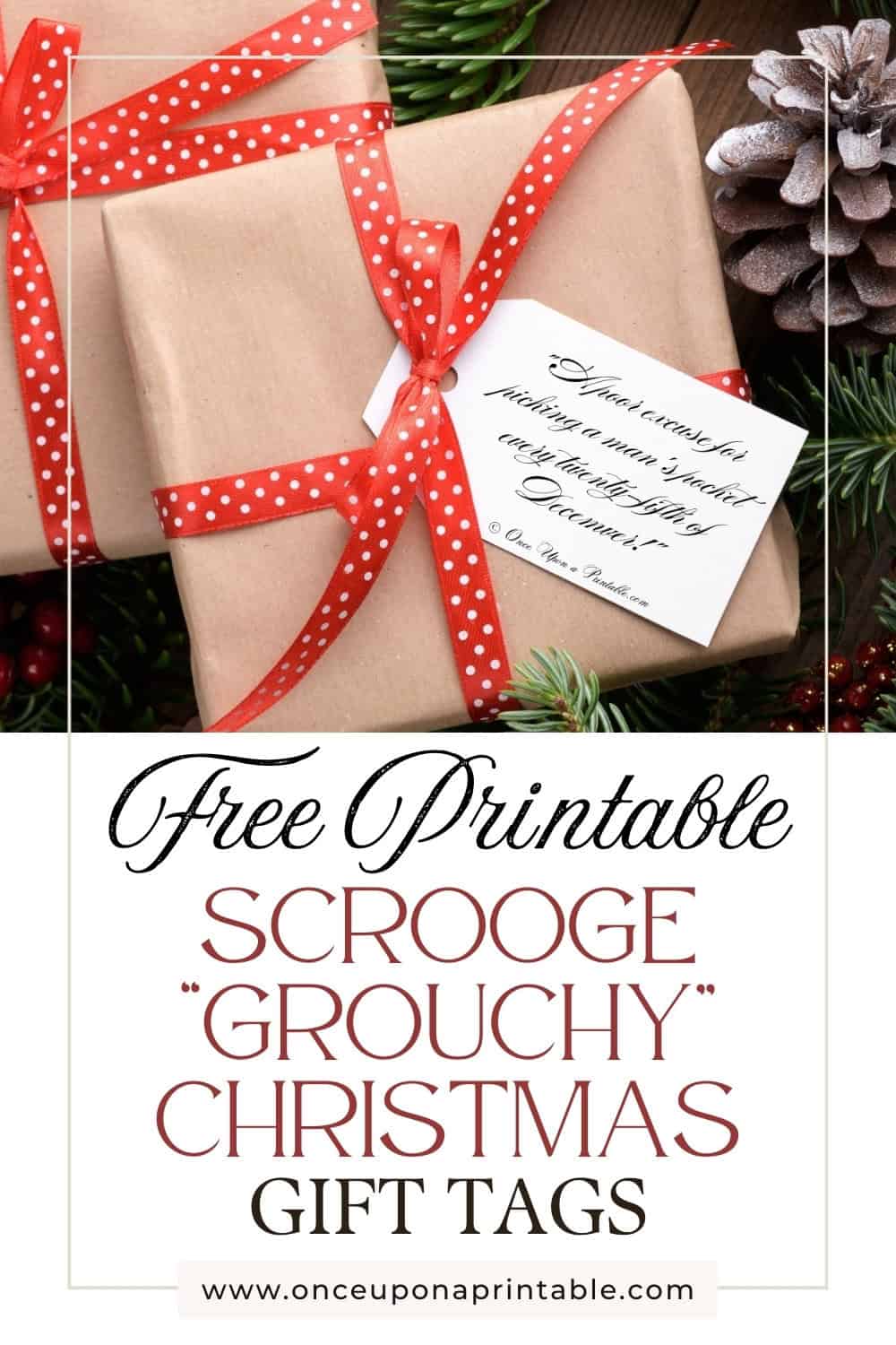 A grouchy sentiment from Ebenezer Scrooge in an old fashioned script on a white gift tag, displayed on a brown paper package tied up with red polka dot ribbon.