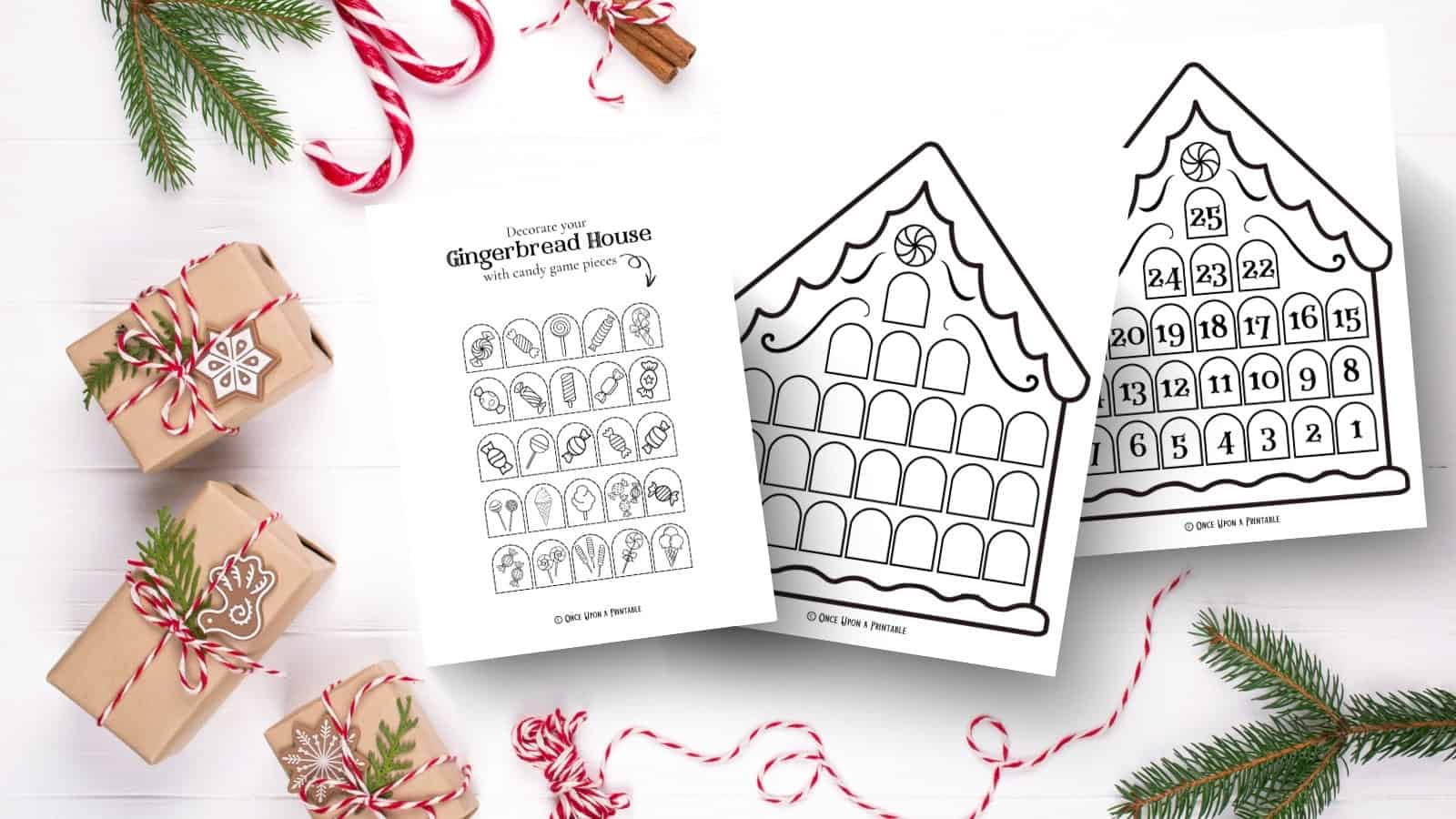 Gingerbread Christmas Countdown Coloring Activity pages laying on a white table with garland and wrapped Christmas presents.