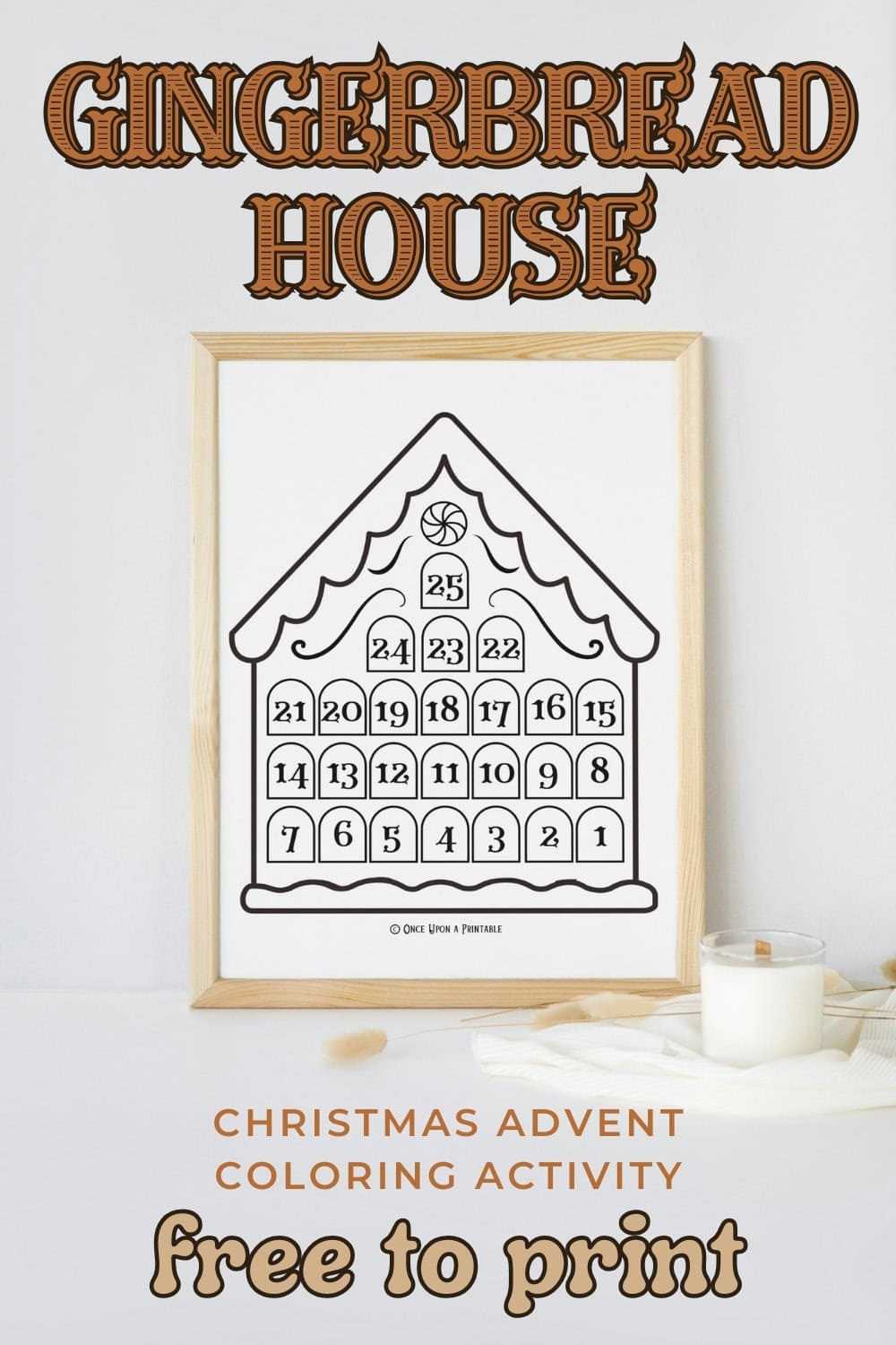 Gingerbread house christmas coloring countdown page framed and displayed by a candle.