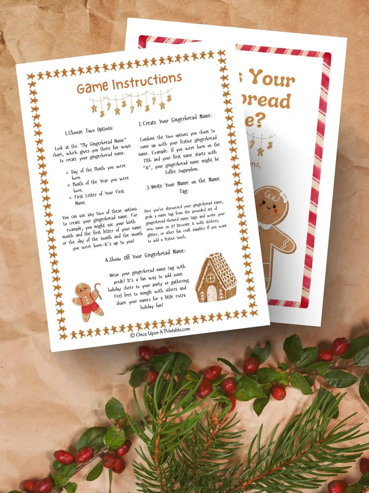 Game instructions for how to play "what's your gingerbread name?" sitting on kraft paper and christmas garland.