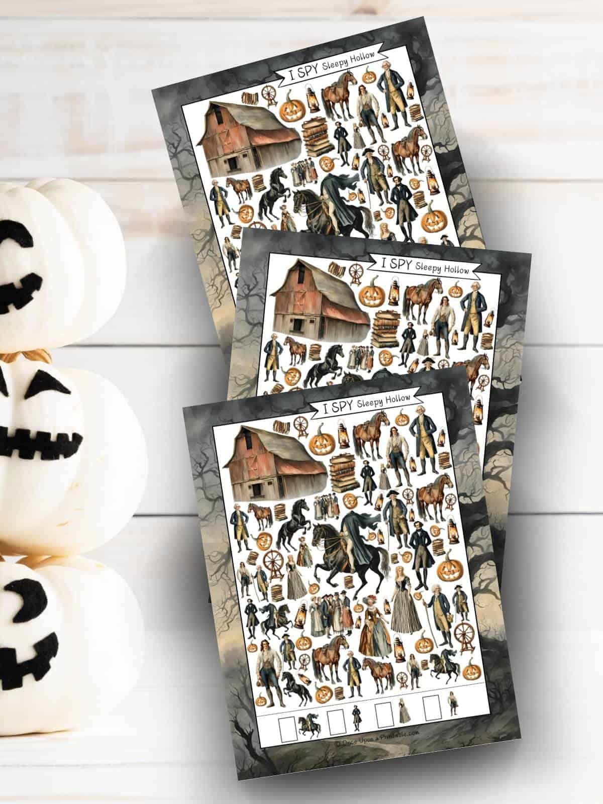 Easier versions of the Sleepy Hollow I Spy activities for kids, on a white wooden background with white jack o lanterns.