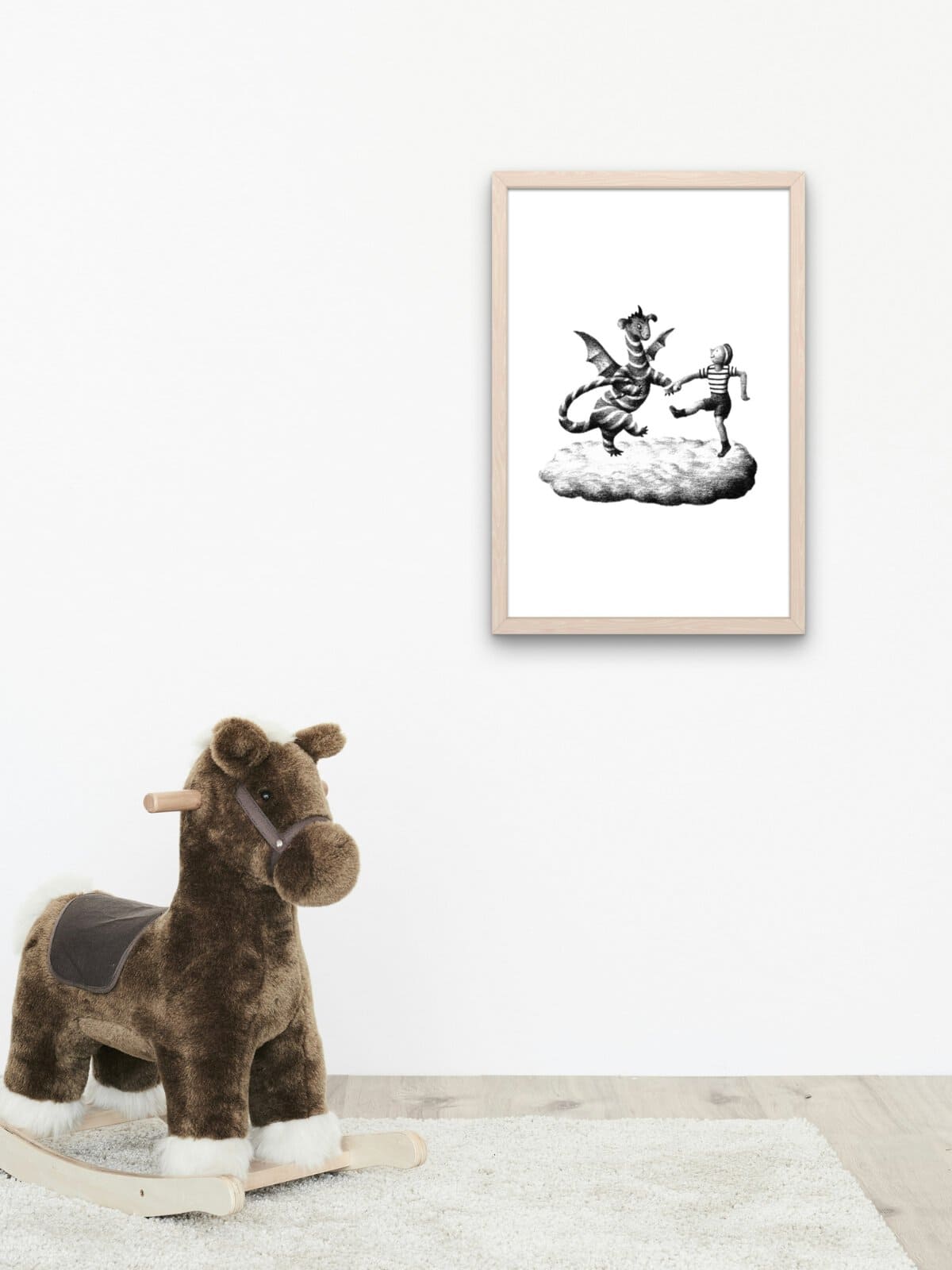 Original black and white illustration framed in a children's room, Elmer dancing with the dragon.