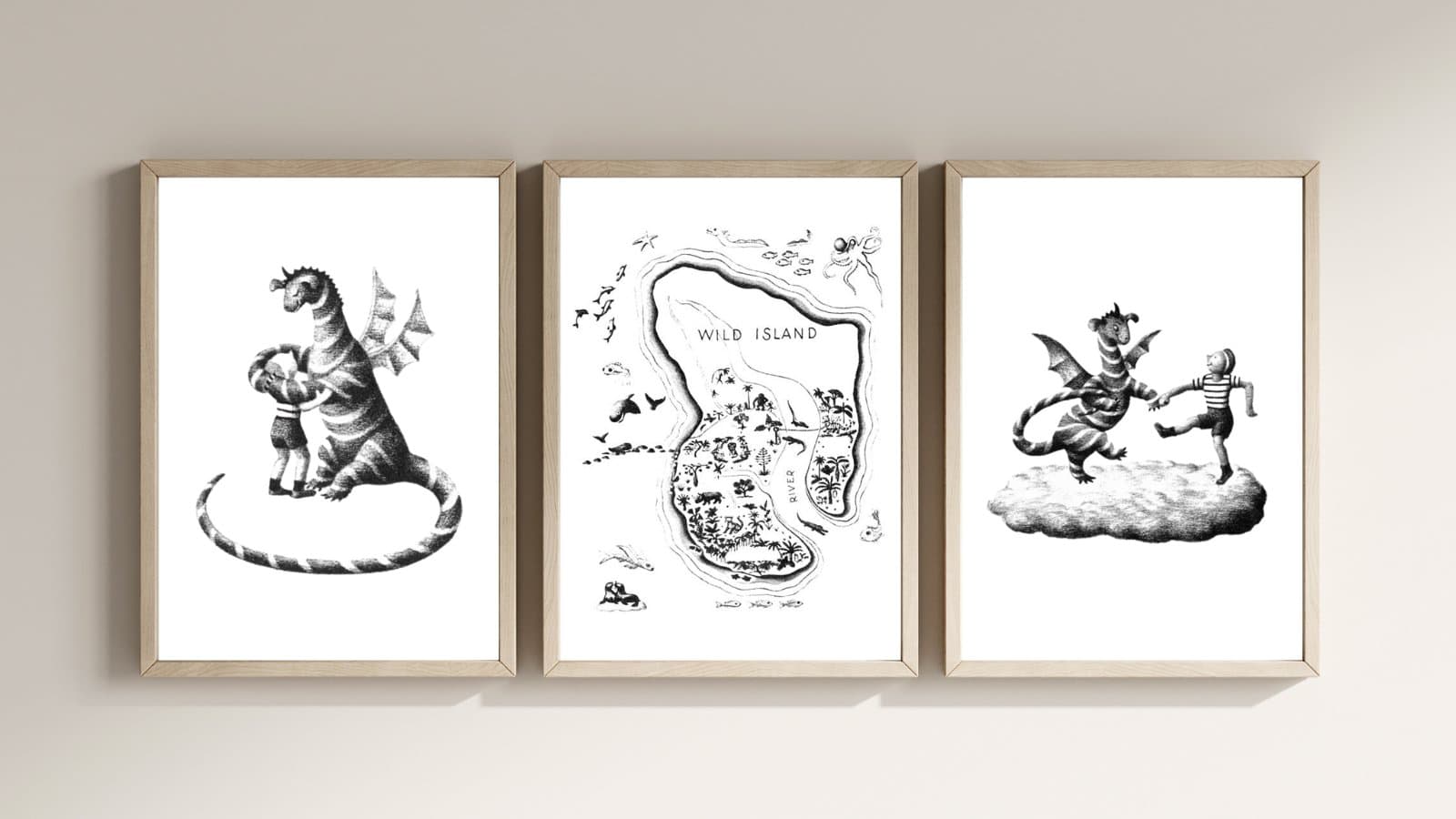 A gallery wall of three original black and white illustrations from the book "My Father's Dragon". 