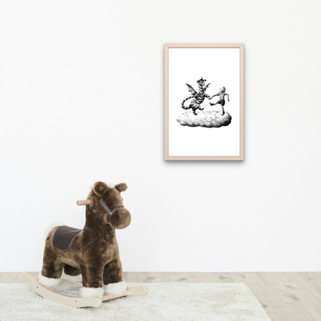 Original black and white illustration framed in a children's room, Elmer dancing with the dragon.