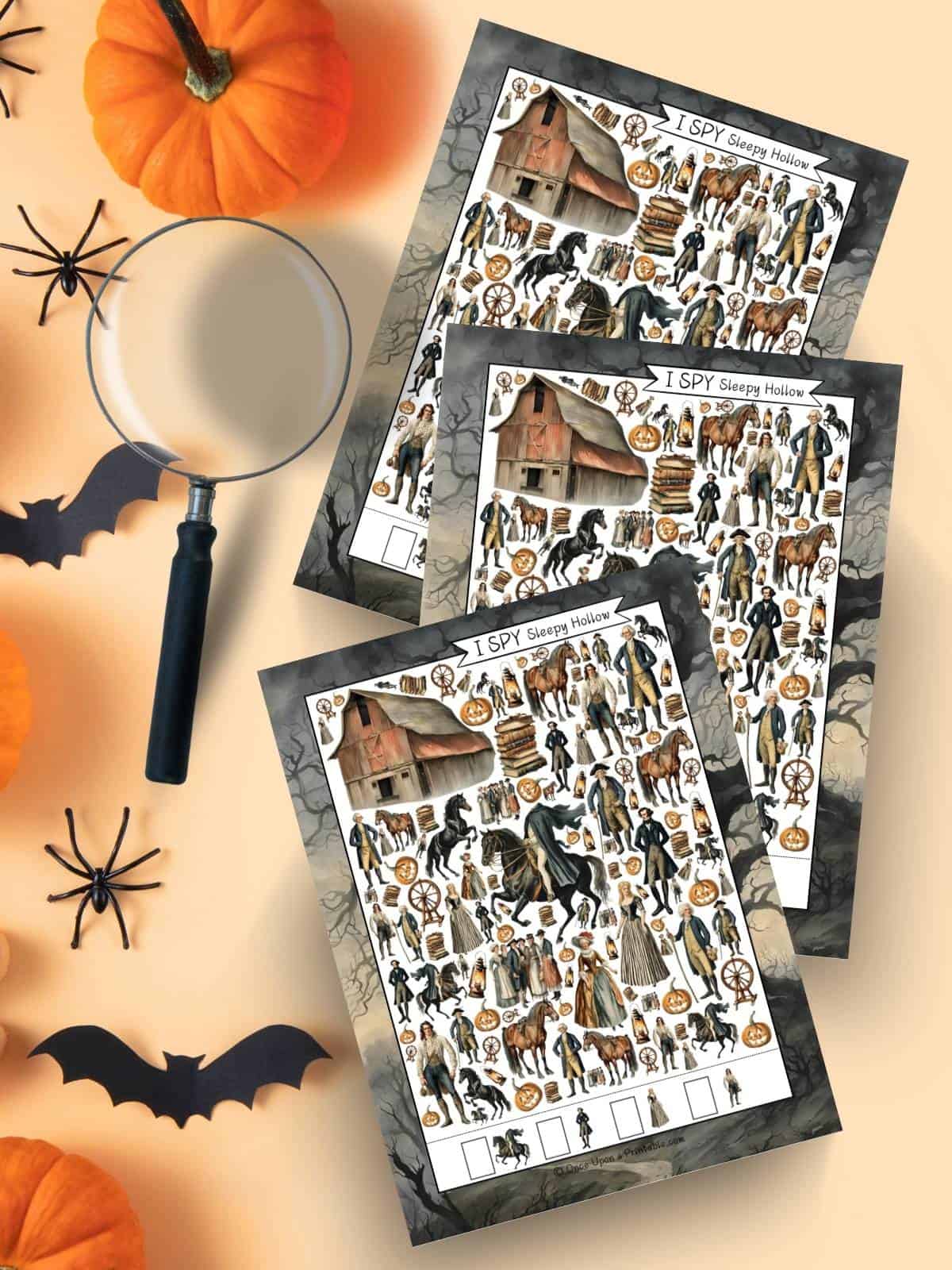 Three Sleepy Hollow I spy activities hard pages with magnifying glass, bats, pumpkins, and spiders. 