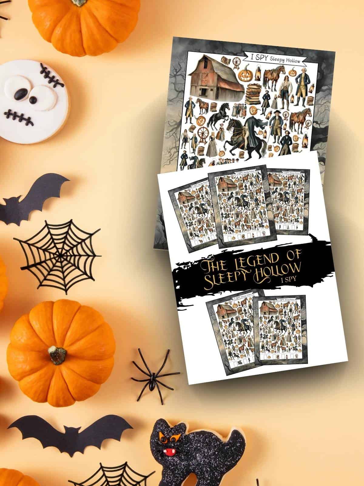 The Legend of Sleepy Hollow I Spy activities on an orange table with pumpkins, spiderwebs, spiders, and bats. 