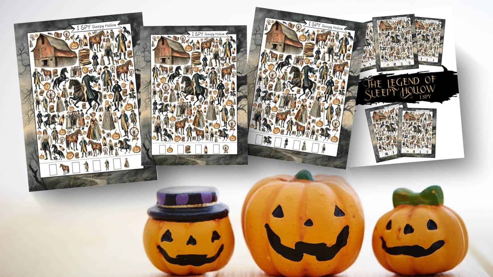 The Legend of Sleepy Hollow I Spy pages next to three little jack o lanterns. 
