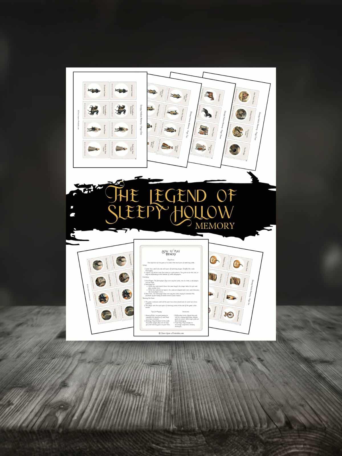 The Legend of Sleepy Hollow Memory game printable with original graphics of characters from the book, displayed on a wooden surface.