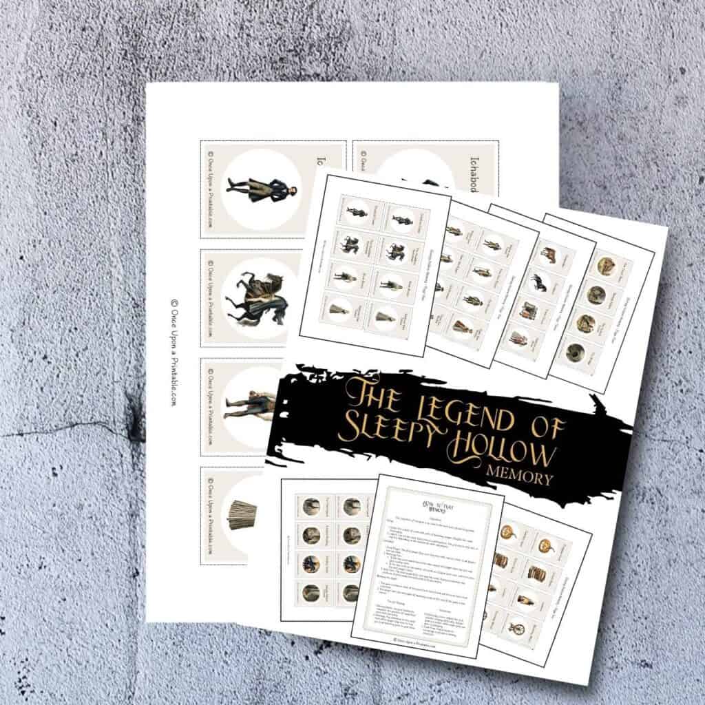 The Legend of Sleepy Hollow Memory game printable with original graphics of characters from the book, displayed on a wooden surface.