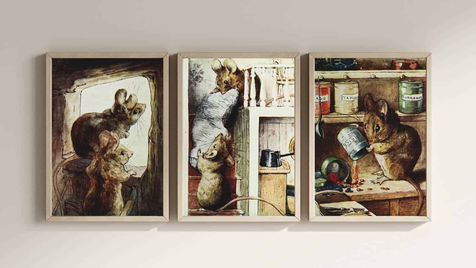 A gallery of three original illustrations from the book 'the tale of two bad mice' by beatrix potter framed on the wall.