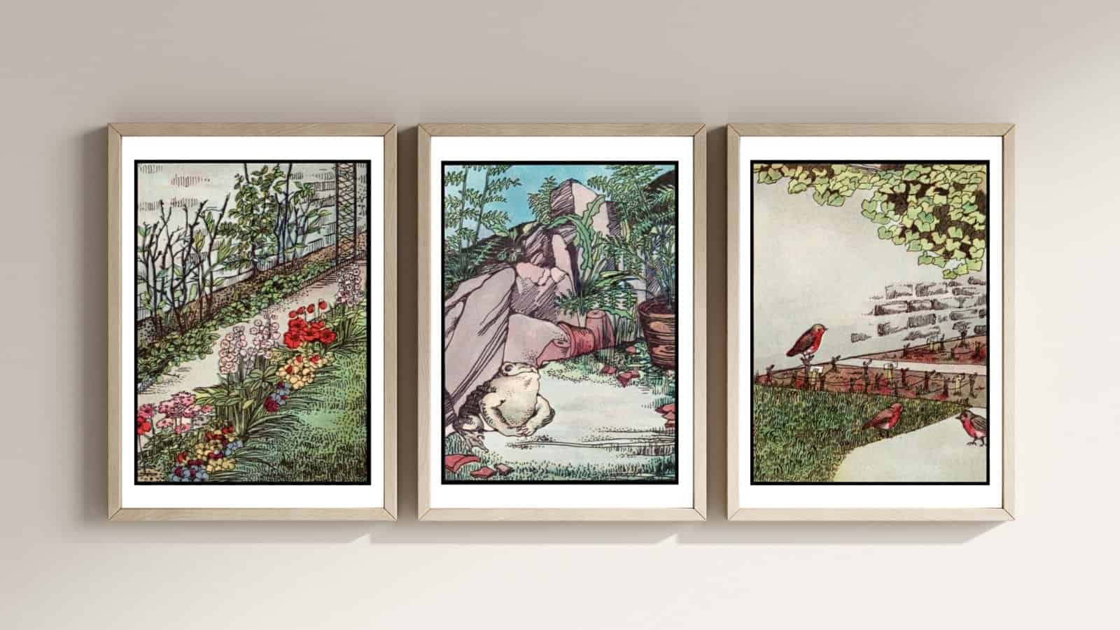 Three beautiful vintage illustrations from the book "things in our garden" by arthur ransome, illustrated by frances craine.