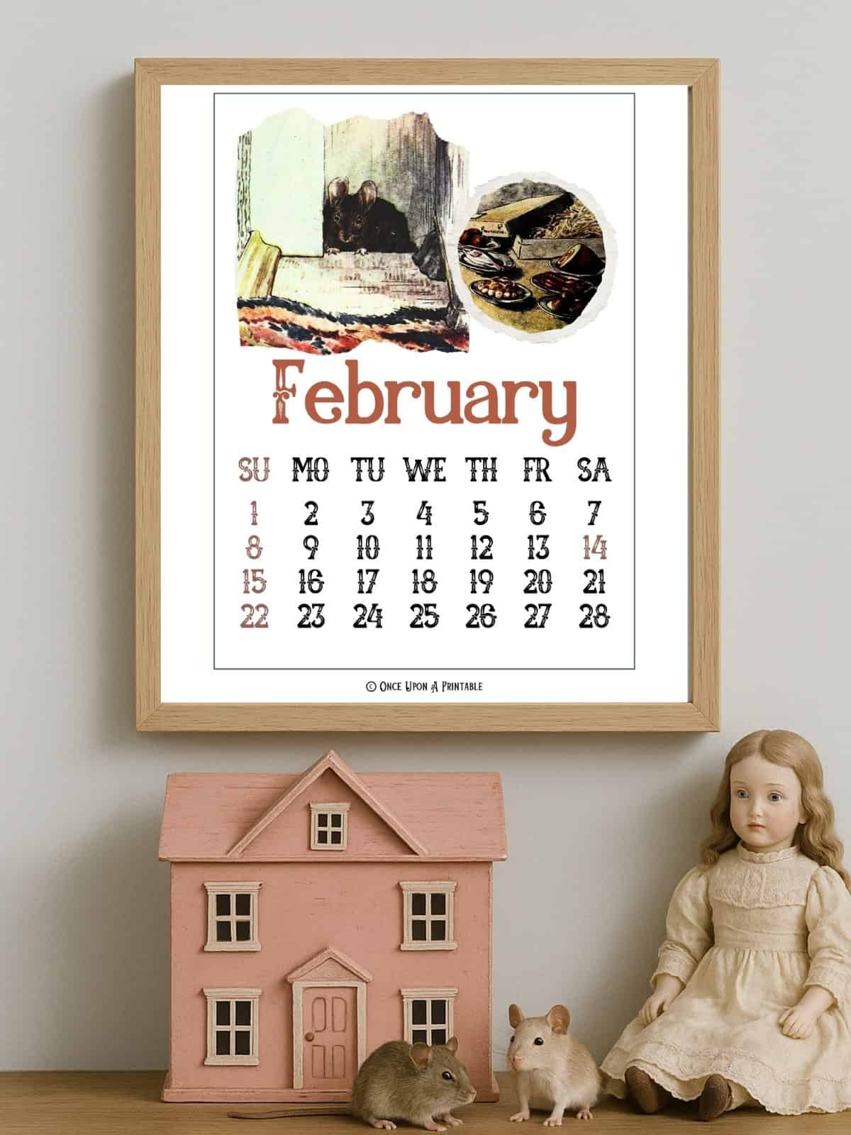 Gallery wall of 2025 calendars illustrated with "the tale of two bad mice" pictures and a year at a glance in the center. 