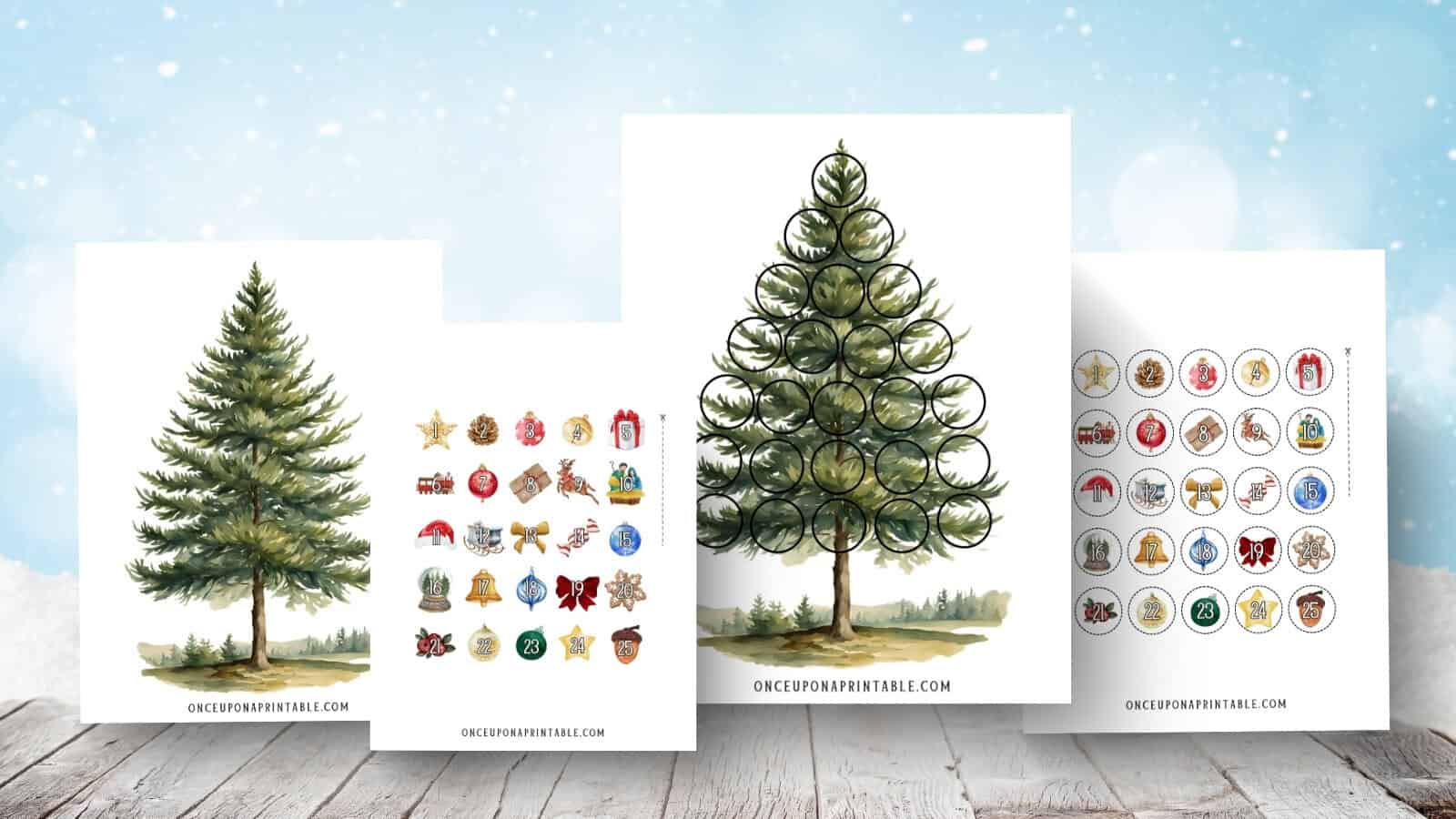 Two choices of watercolor christmas tree countdown calendar activities with christmas trees and ornaments.