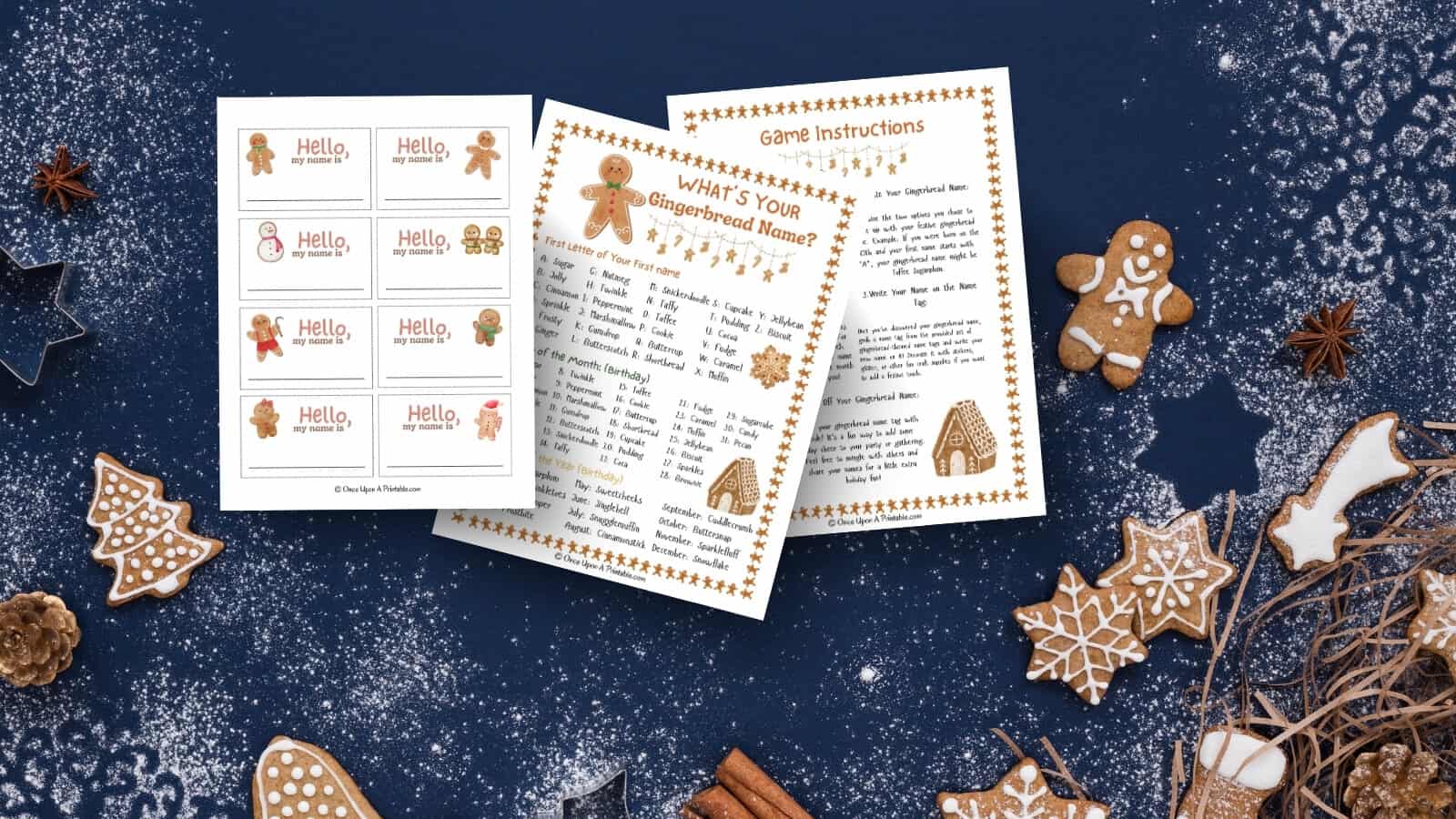 What's your gingerbread name game printed out and displayed on a dark blue background with powdered sugar sprinkled with gingerbread cookies.