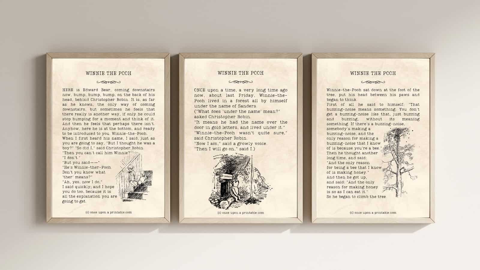 Three framed "winnie the pooh" quotes from the book by A. A. Milne. 