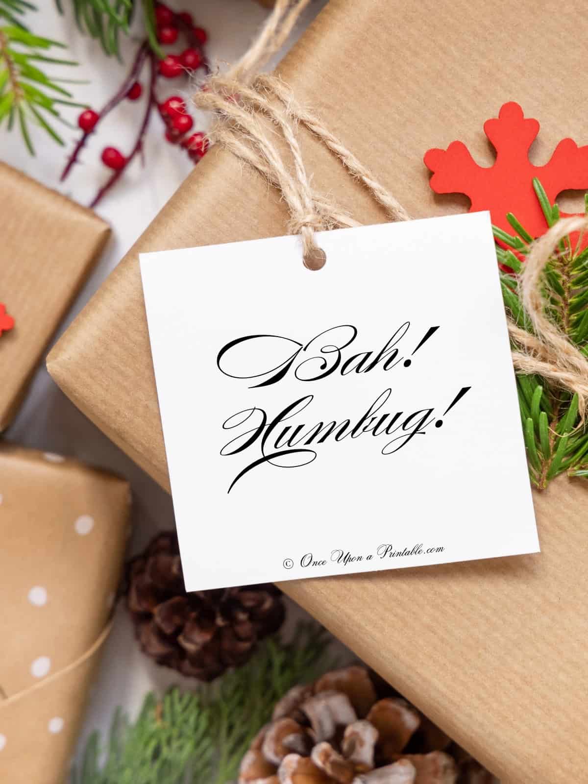 Bah Humbug! Christmas themed gift tag on a brown paper package.