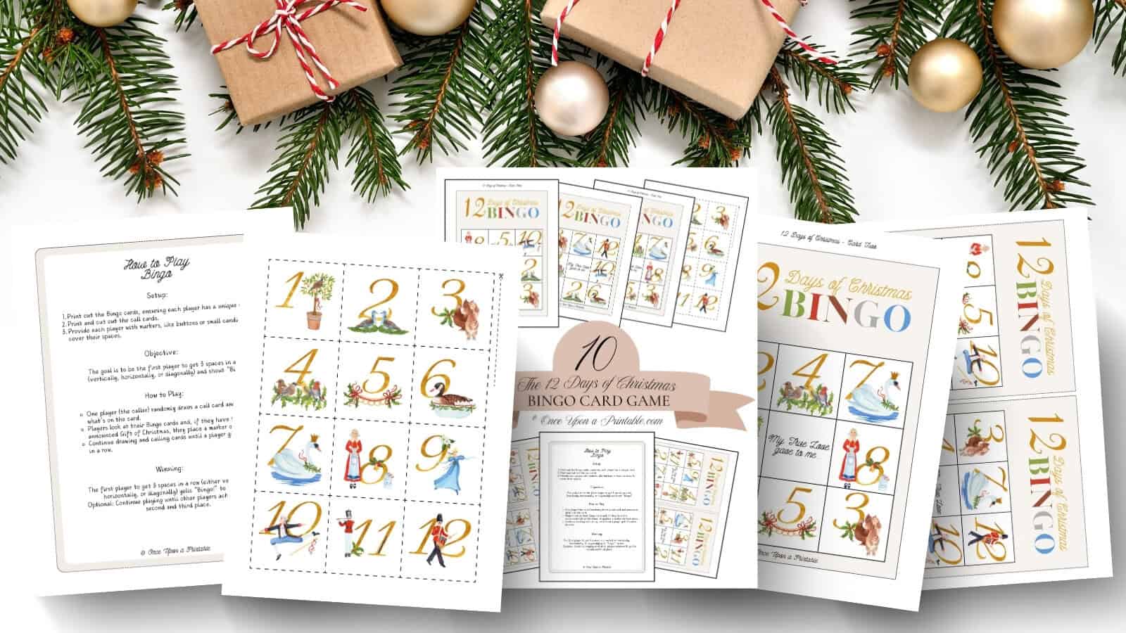 12 Days of christmas bingo game printables, full size pages, mini pages, calling cards, cover page, and instructions page displayed with brown boxes and garland.