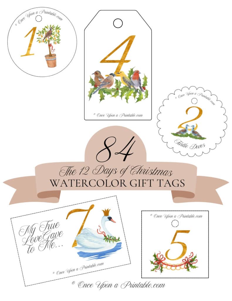 Classic watercolor graphic styled 12 days of Christmas Gift tag collection.