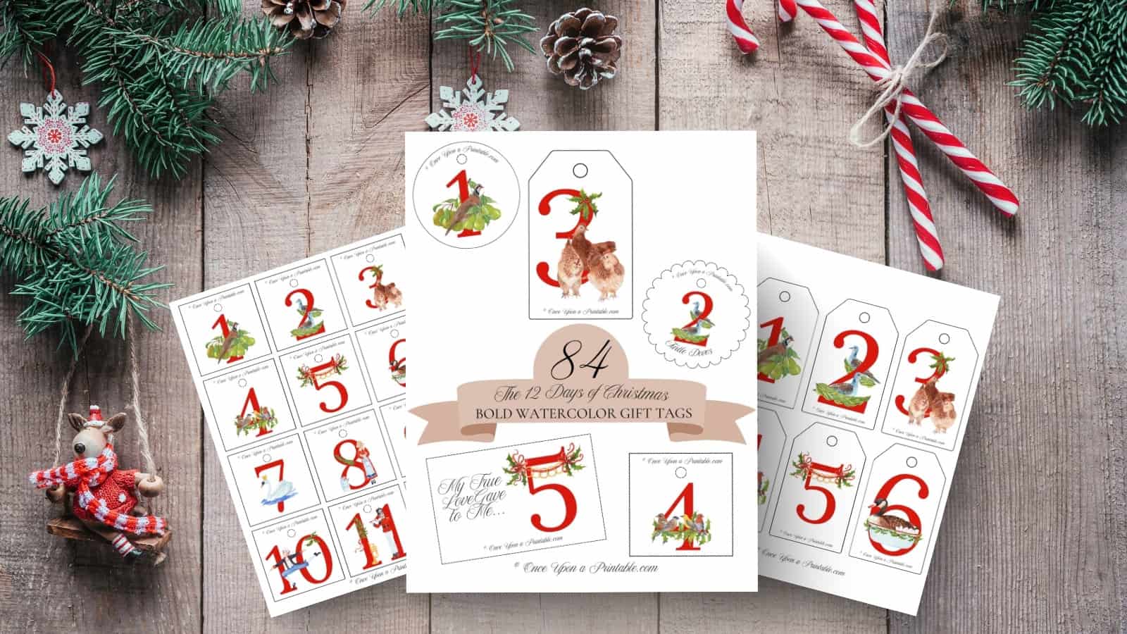 12 Days of christmas bold and bright watercolor gift tag collection.