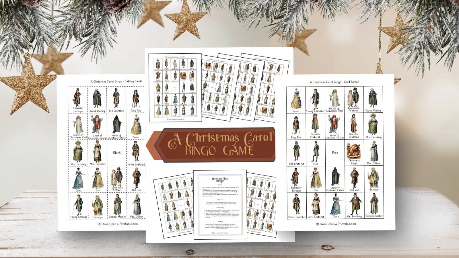 A christmas carol collection of bingo cards printed and displayed on a white background with golden stars and christmas garland.