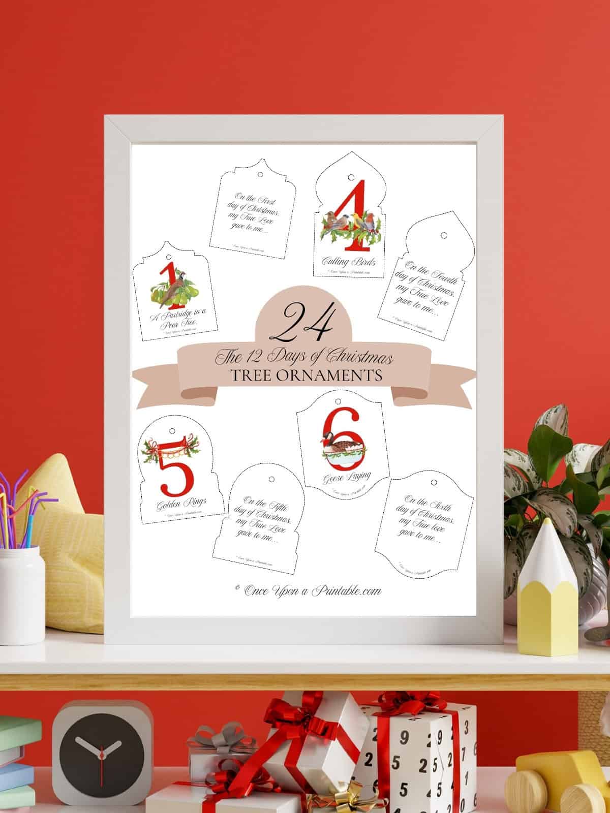 Bright watercolor 12 Days of Christmas tree ornaments.