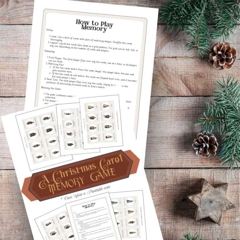 how to play instructions for the memory game that is A christmas carol themed, printed, and displayed on a wooden background with garland and pinecones.