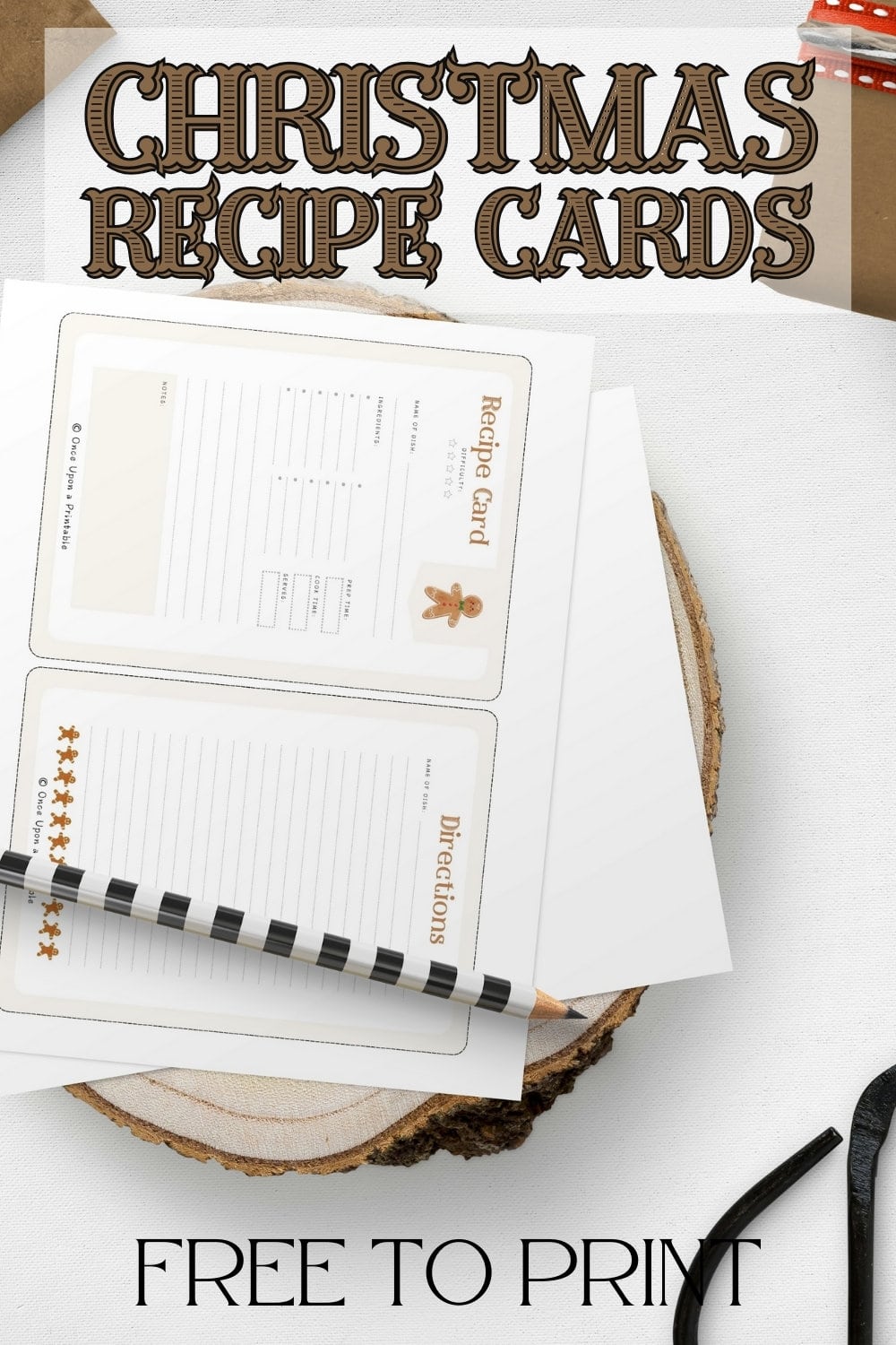 Mini gingerbread recipe cards, a half page, with whimsical colorful watercolor graphics.