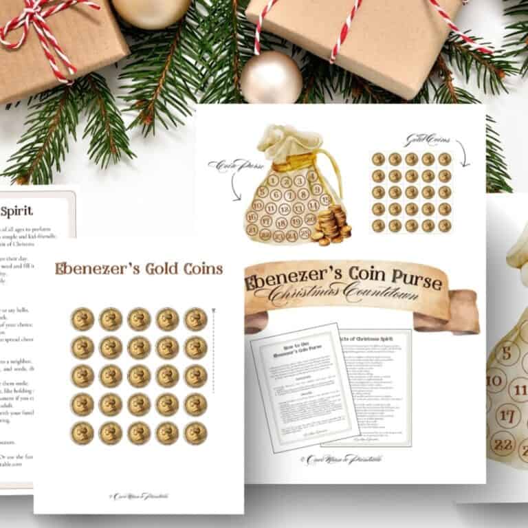 Ebenezer's Coin purse christmas countdown printable sheets displayed on a white background with garland.