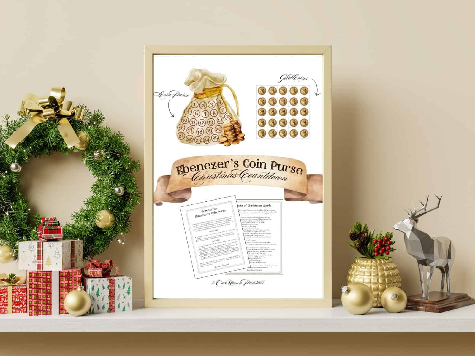 Ebenezer's coin purse Christmas countdown activity cover page framed and displayed on a shelf with a wreath, small gifts, and a few toys. 