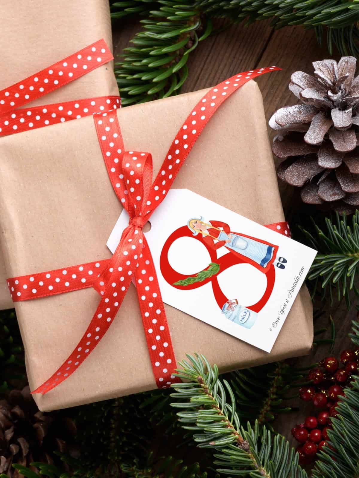 Bold and bright watercolor graphic on a 12 days of Christmas gift tag sitting on a christmas present.