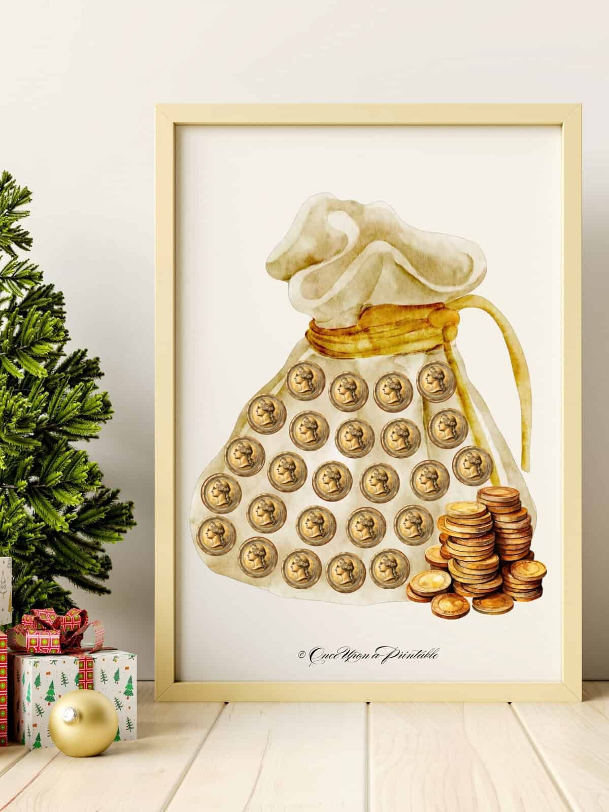 Example of Ebenezer's Coin purse game framed and sitting next to a christmas tree.
